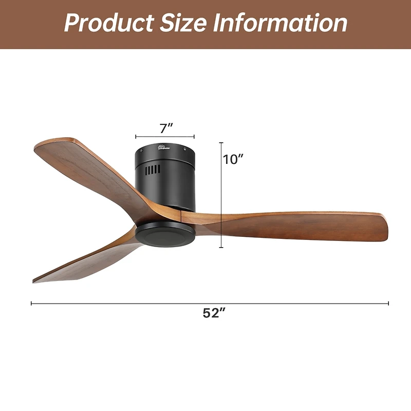 Sofucor 52" Flush Mount Wood Ceiling Fan Without Lights