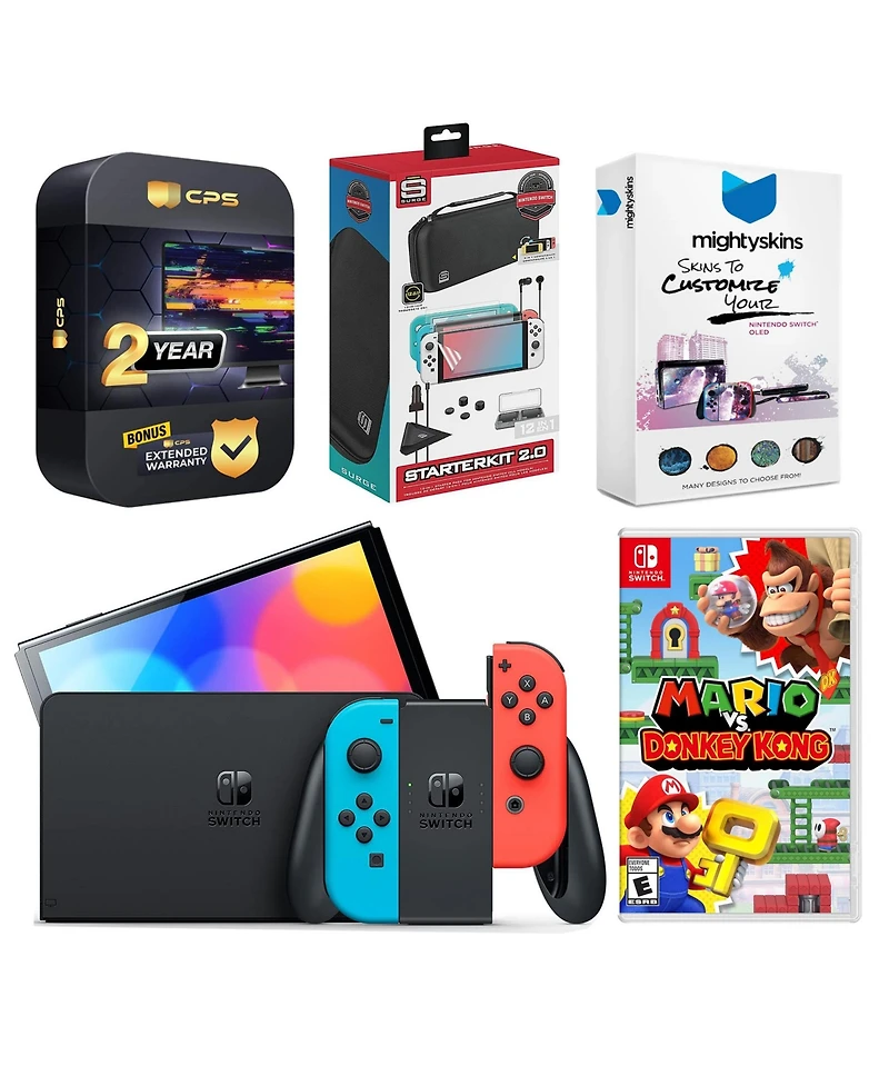 Nintendo Switch Neon Red & Blue Oled Console with Mario vs. Donkey Kong, Surge Accessory Gaming Kit, MightySkins Console and Controller Skin Voucher