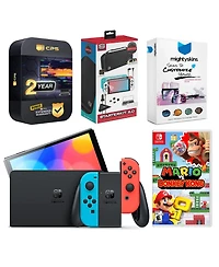 Nintendo Switch Neon Red & Blue Oled Console with Mario vs. Donkey Kong, Surge Accessory Gaming Kit, MightySkins Console and Controller Skin Voucher
