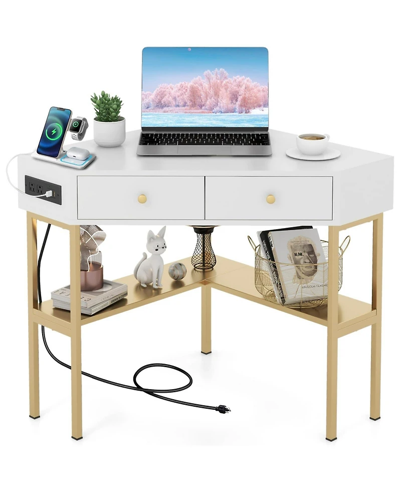 Space Saving Corner Computer Desk with 2 Large Drawers