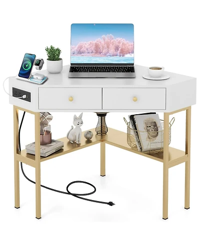 Space Saving Corner Computer Desk with 2 Large Drawers