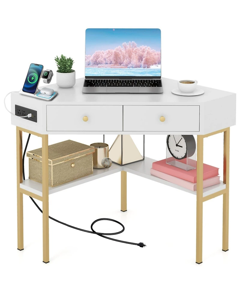 Space Saving Corner Computer Desk with 2 Large Drawers