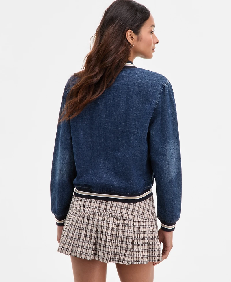 Madden Girl Juniors' Denim Varsity Bomber Jacket