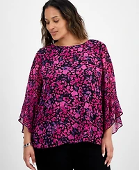 Kasper Plus Bell-Sleeve Ditsy-Print Top