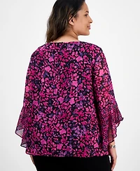 Kasper Plus Bell-Sleeve Ditsy-Print Top