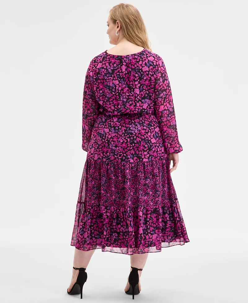 Kasper Plus Printed Blouson-Sleeve Midi Dress
