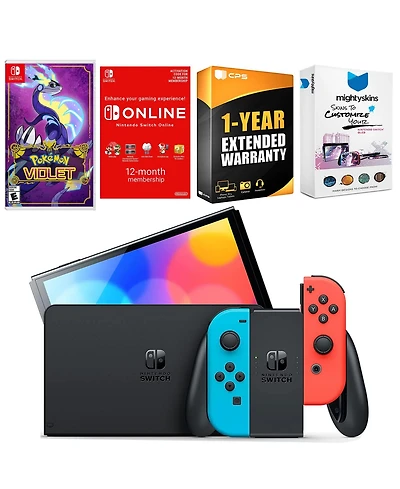 Nintendo Switch Neon Red & Blue Oled Console with Pokemon Violet, Nso 12 Month Family Membership