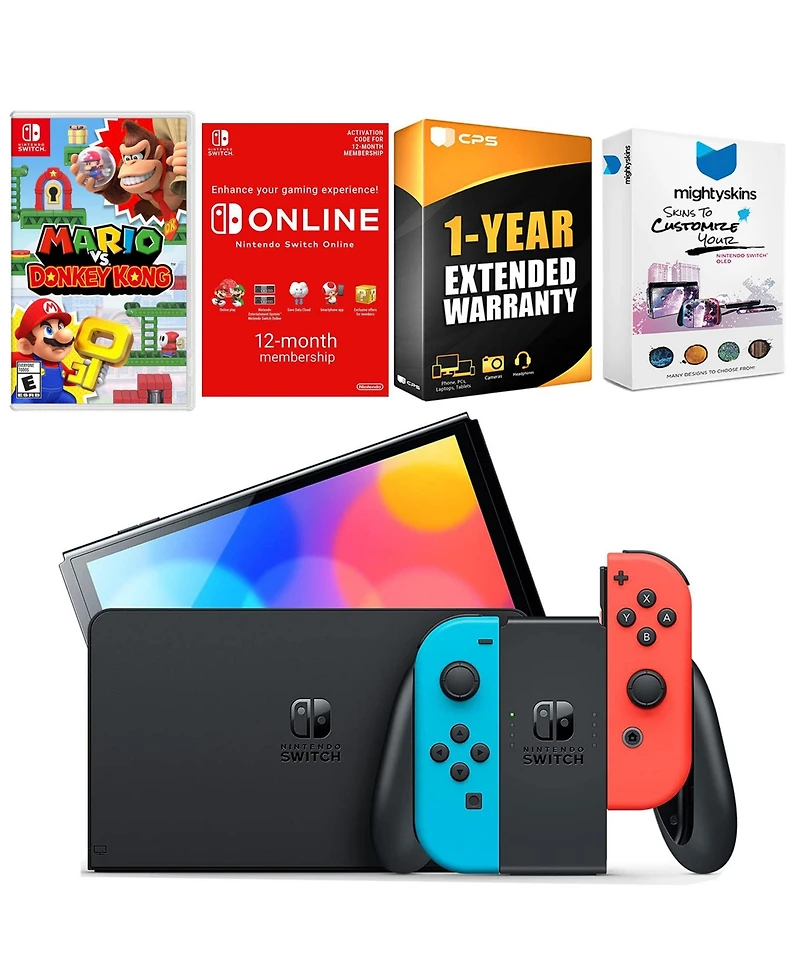 Nintendo Switch Neon Red & Blue Oled Console with Mario vs. Donkey Kong, Nso 12 Month Family Membership