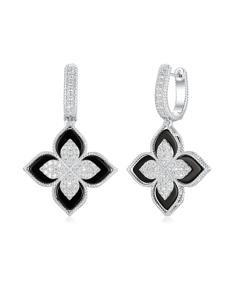 Suzy Levian Sterling Silver Cubic Zirconia Flower Clover Hanging Earrings