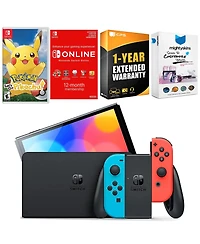 Nintendo Switch Neon Red & Blue Oled Console with Pokemon Let's Go, Pikachu!, Nso 12 Month Family Membership