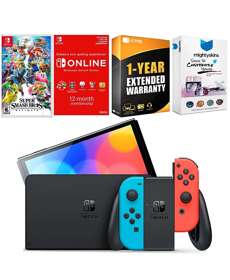 Nintendo Switch Neon Red & Blue Oled Console with Super Smash Bros: Ultimate, Nso 12 Month Family Membership, MightySkins Console and Controller Skin