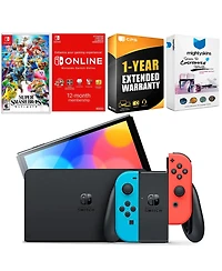 Nintendo Switch Neon Red & Blue Oled Console with Super Smash Bros: Ultimate, Nso 12 Month Family Membership, MightySkins Console and Controller Skin