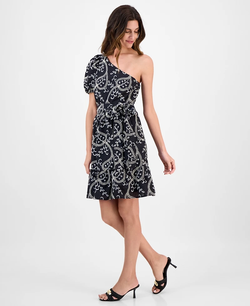 Women's Embroidered Cotton Asymmetric One-Shoulder Fit & Flare Dress