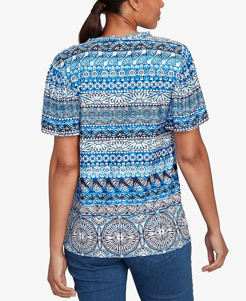 Ruby Rd. Petite Motif Stripe Embroidered Puff Print T-Shirt