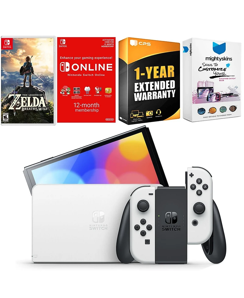 Nintendo Switch White Oled Console with Legend of Zelda Breath of the Wild, Nso 12 Month Family Membership
