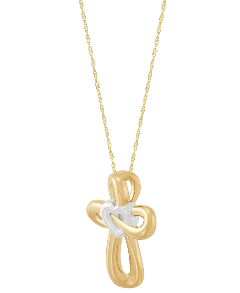 Two-Tone Polished Heart & Cross Curvy 18" Pendant Necklace in 14k Gold