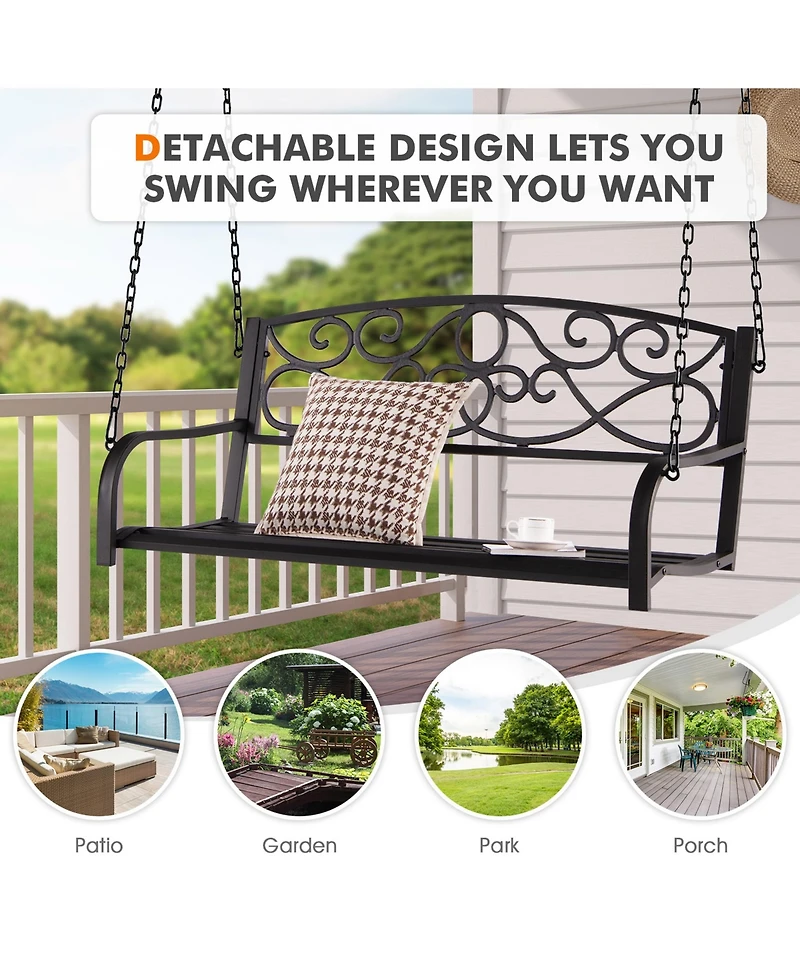 Gymax Patio Hanging Porch Swing Outdoor 2-Person Metal Swing Bench Chair w/ Chains
