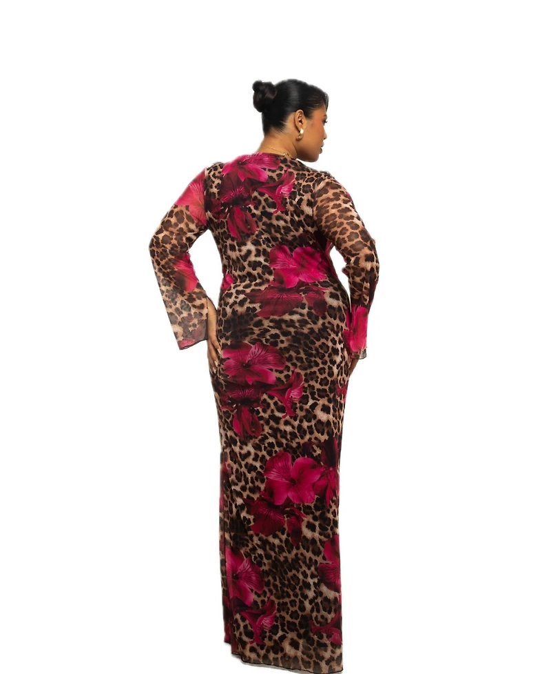 Fashion-szn Curve Women's Leopard Print Mesh Maxi Dress