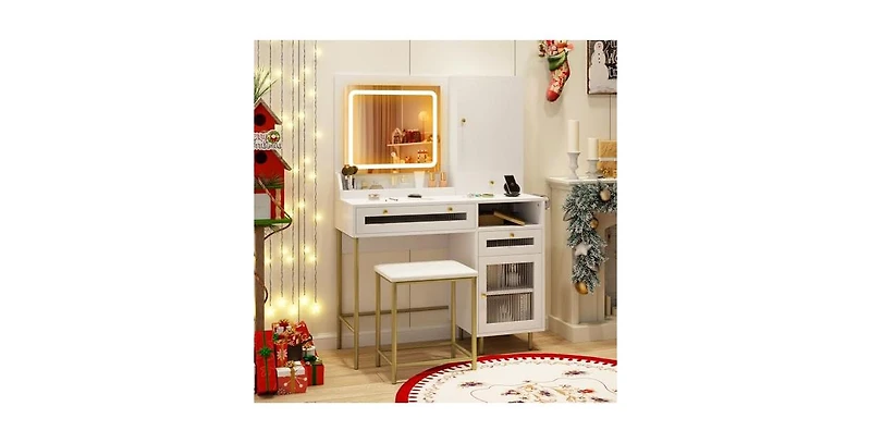 Modern Makeup Vanity Desk with Mirror and Lights and Stool Set