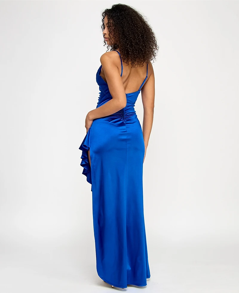 Katia Rae Juniors' Sateen Sweetheart-Neckline Ruffled Slit Gown