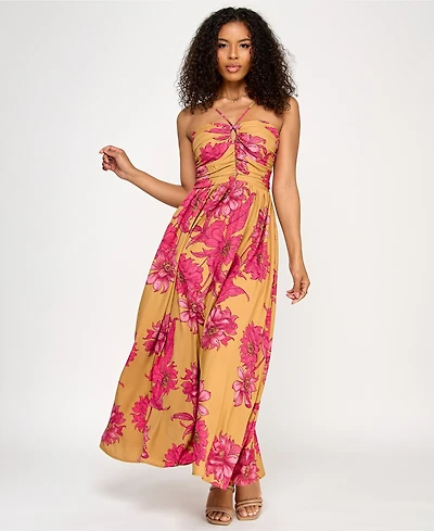 Katia Rae Juniors' Satin Printed Halter Maxi Dress
