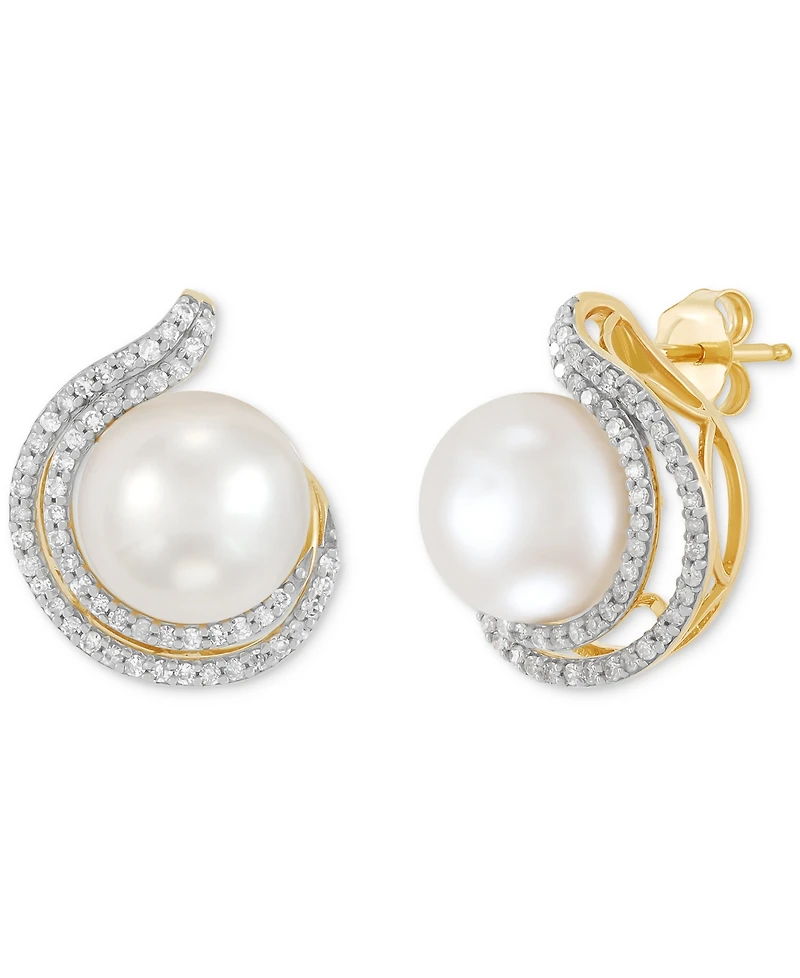 Honora Cultured Freshwater Pearl (9 - 9-1/2mm) & Diamond (1/3 ct. t.w.) Stud Earrings in 14k Yellow Gold