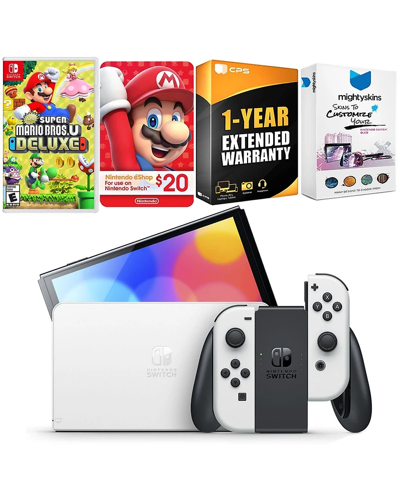 Nintendo Switch White Oled Console with New Super Mario Bros. U Deluxe, Nintendo $20 eShop Gift Card, MightySkins Console and Controller Skin Voucher