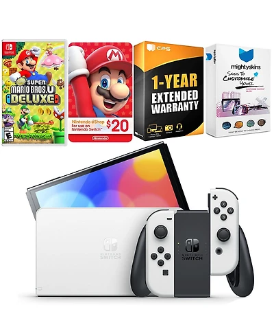 Nintendo Switch White Oled Console with New Super Mario Bros. U Deluxe, Nintendo $20 eShop Gift Card, MightySkins Console and Controller Skin Voucher