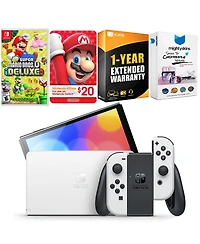 Nintendo Switch White Oled Console with New Super Mario Bros. U Deluxe, Nintendo $20 eShop Gift Card, MightySkins Console and Controller Skin Voucher