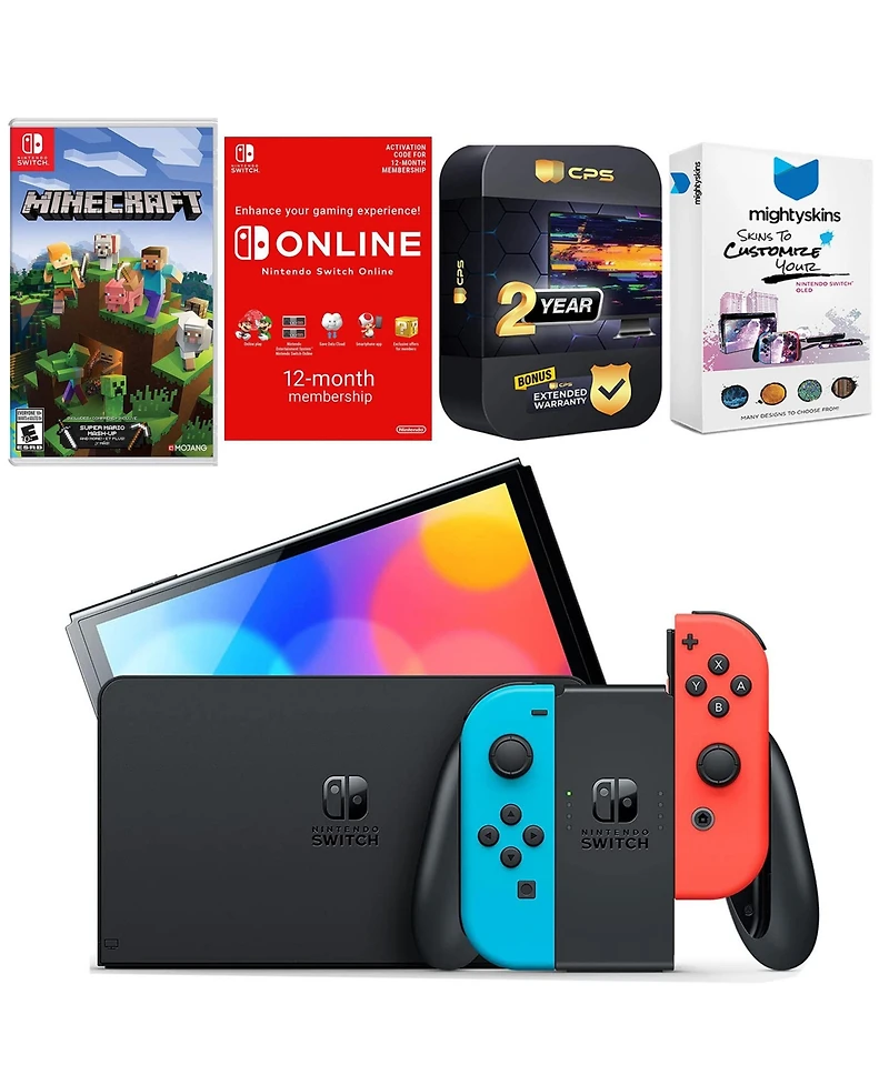 Nintendo Switch Neon Red & Blue Oled Console with Minecraft: Switch Edition, Nso 12 Month Family Membership, MightySkins Console and Controller Skin V