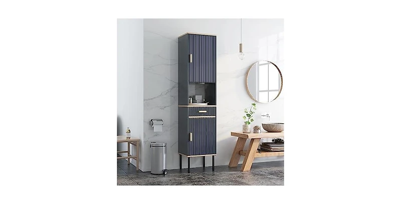 Free-Standing Bathroom Cabinet Narrow Linen with Doors and Drawer