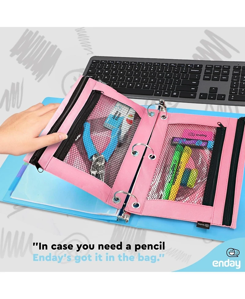 Enday Pink Pencil Pouch for 3 Ring Binder, Zippered Binder Pouches, Case Large Bags f