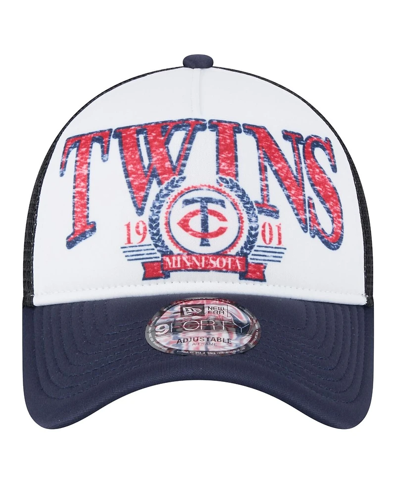 New Era Men's White/Navy Minnesota Twins Distressed 9FORTY A-Frame Adjustable Trucker Hat