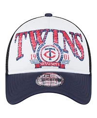 New Era Men's White/Navy Minnesota Twins Distressed 9FORTY A-Frame Adjustable Trucker Hat