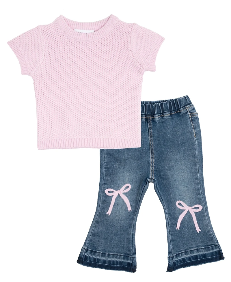 Rare Editions Baby Girls 2-Piece Knit Top and Bow Flare Jeans Set