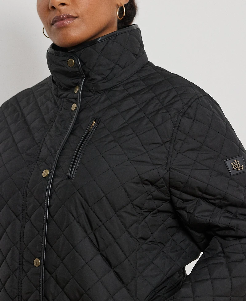 Lauren Ralph Plus Hooded Quilted Faux-Suede-Trim Coat