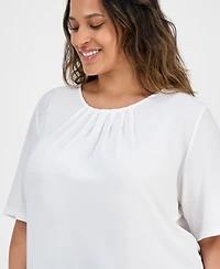 Kasper Plus Elbow-Sleeve Pleated-Neck Top
