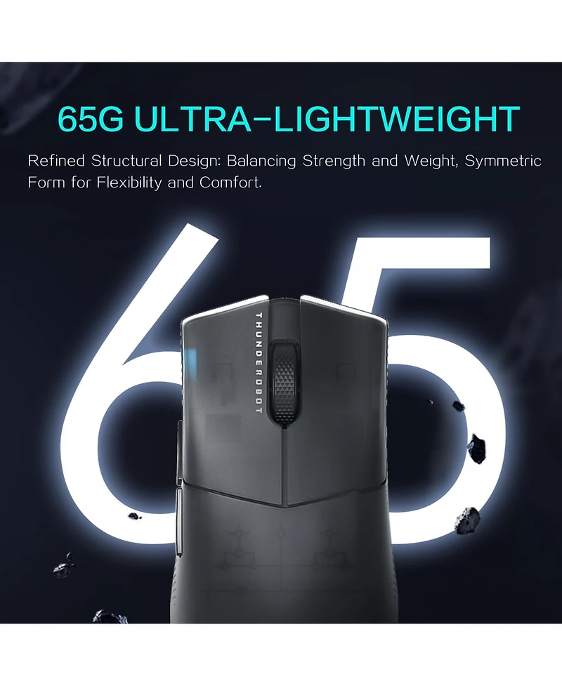 Thunderobot ML903 Wireless Gaming Mouse with Rgb Charging Dock, 26K Dpi, 650 Ips, 65g Ultra-Lightweight, Tri-Mode Connectivity, 70Hrs+ Battery, Ergono