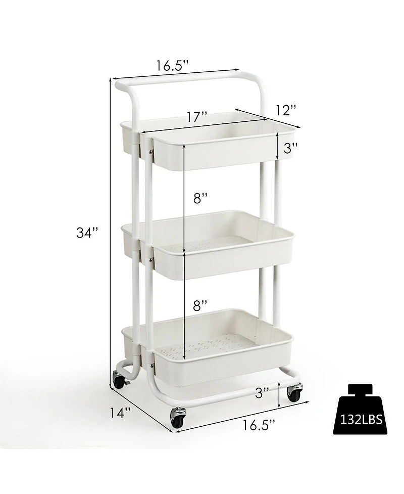3-Tier Utility Cart Storage Rolling Cart with Casters
