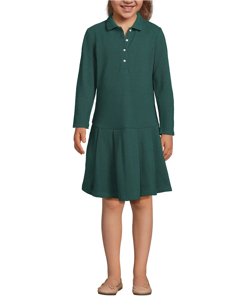 Lands' End School Uniform Girls Long Sleeve Mesh Pleated Polo Dress