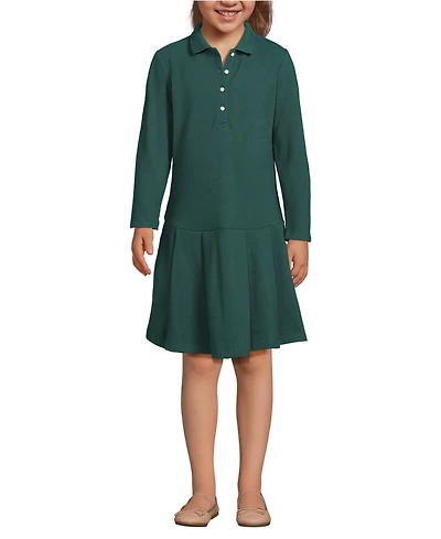 Lands' End School Uniform Girls Long Sleeve Mesh Pleated Polo Dress