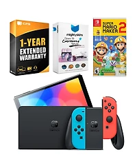 Nintendo Switch Neon Red & Blue Oled Console with Mario Maker 2, MightySkins Console and Controller Skin Voucher