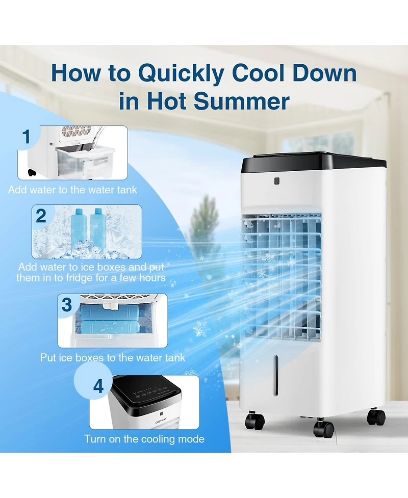 3-in-1 Evaporative Air Cooler, Quiet Personal Swamp Cooler with Remote Control, 70° Oscillation, 12H Timer, 3 Speeds, 2 Ice Boxes, Portable Air C