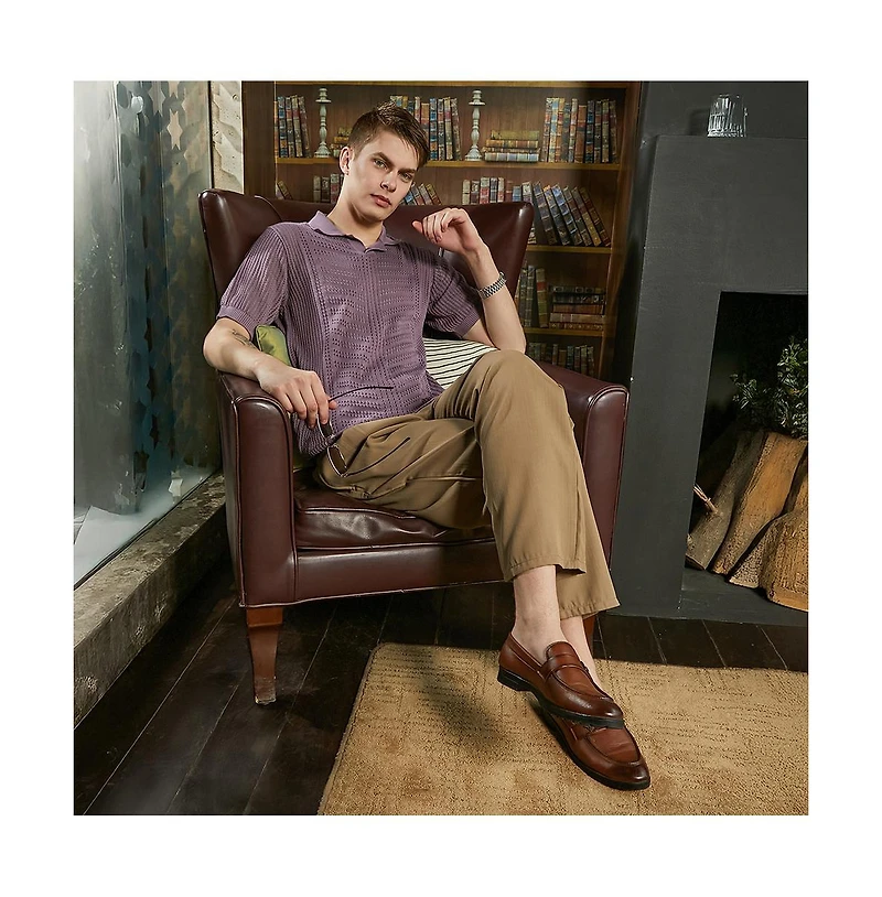 Campus Sutra Men's Mauve Purple Stripe-Textured Polo T-Shirt