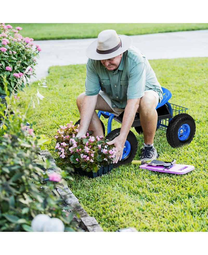 Garden Cart Rolling Work Seat With Heavy Duty Tool Tray Gardening Planting
