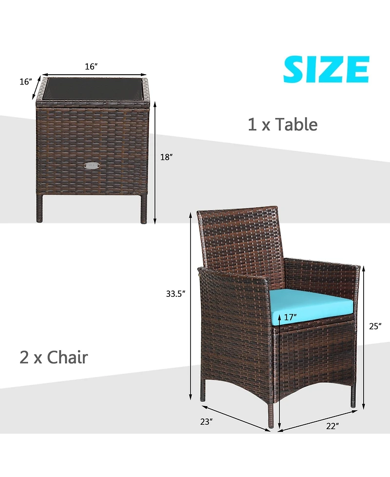 Gymax 3PCS Outdoor Rattan Conversation Set Patio Furniture Set w/ Cushions