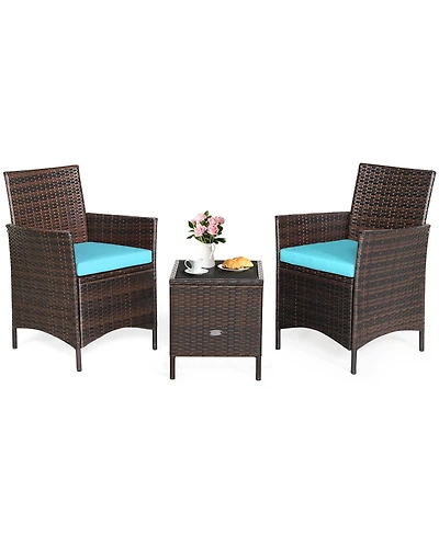 Gymax 3PCS Outdoor Rattan Conversation Set Patio Furniture Set w/ Cushions