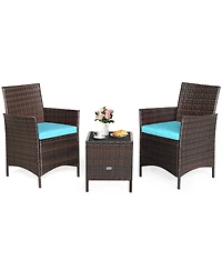 Gymax 3PCS Outdoor Rattan Conversation Set Patio Furniture Set w/ Cushions