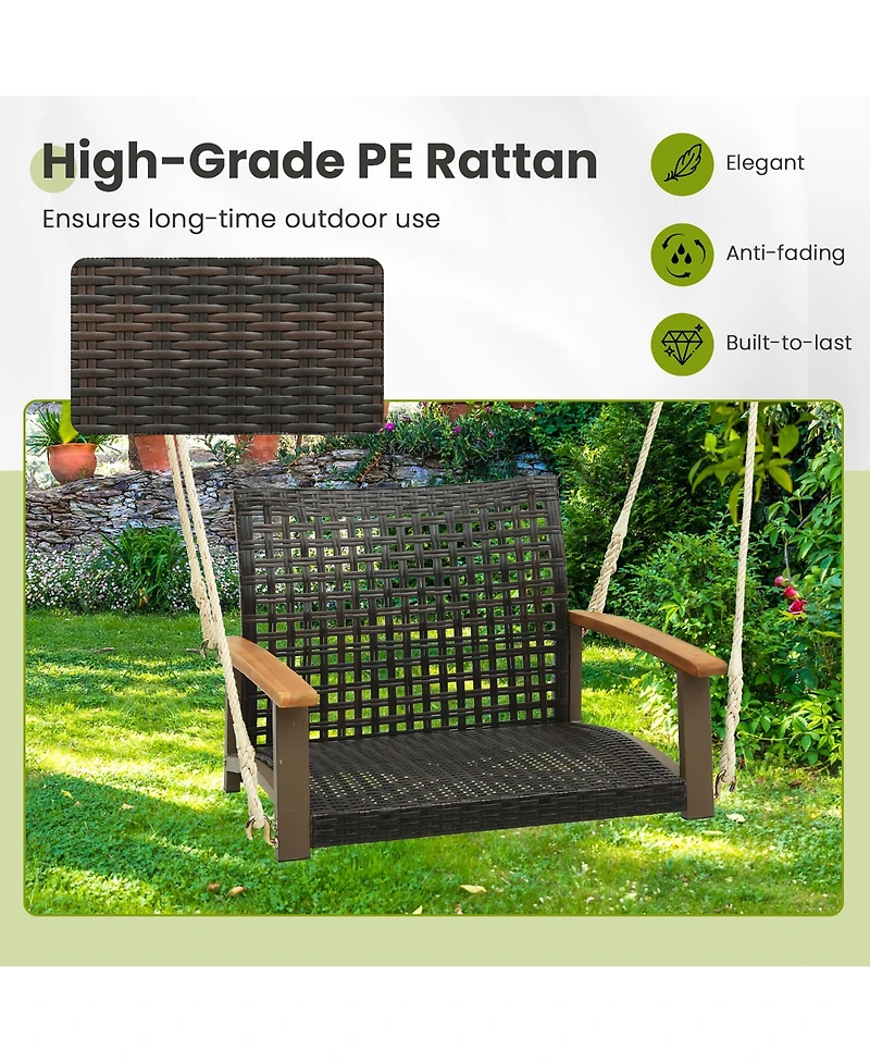 Gymax Rattan Porch Swing Patio Wicker Single Hanging Seat w/ Seat Cushion & Acacia Wood Armrests