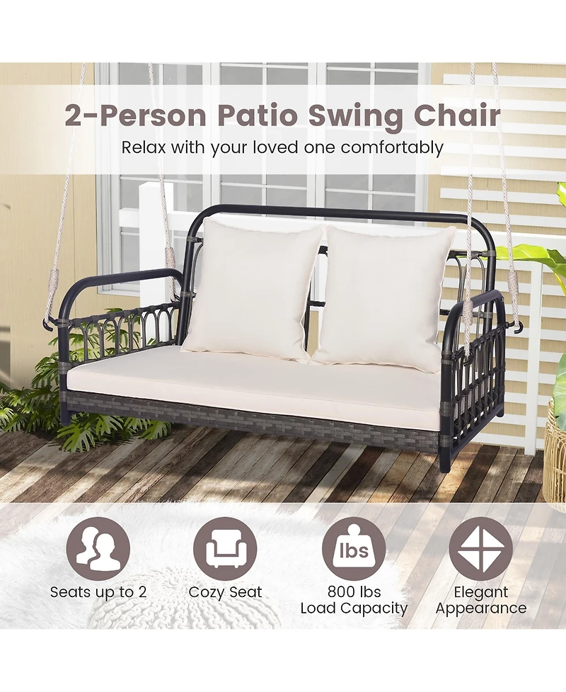 Gymax Outdoor Wicker Porch Swing 2-Person Hanging Seat w/ Seat & Back Cushions Backyard